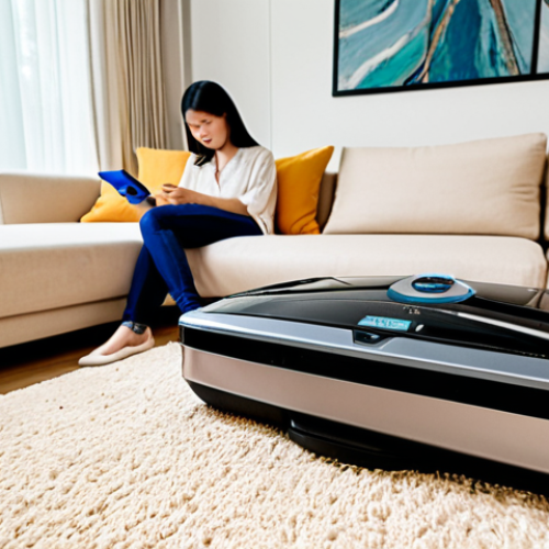 Home 15 **Image Prompt:** A modern Malaysian home interior. A robotic vacuum cleaner is diligently cleaning under a sofa. The setting is bright and shows a relaxed vibe. A woman is relaxing on the sofa, using a smartphone and enjoying her free time, showcasing the benefit of having a robot vacuum.