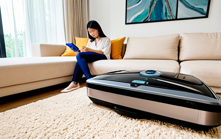 **Image Prompt:** A modern Malaysian home interior. A robotic vacuum cleaner is diligently cleaning under a sofa. The setting is bright and shows a relaxed vibe. A woman is relaxing on the sofa, using a smartphone and enjoying her free time, showcasing the benefit of having a robot vacuum.