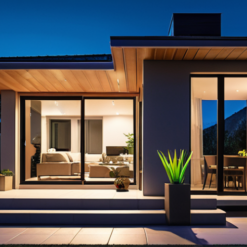 Home 14 **Smart home security:** Exterior of a contemporary house at night, highlighting a smart security camera with night vision and motion detection capabilities. The visual should convey a sense of safety and protection, with the camera discreetly monitoring the surroundings.