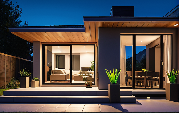 **Smart home security:** Exterior of a contemporary house at night, highlighting a smart security camera with night vision and motion detection capabilities. The visual should convey a sense of safety and protection, with the camera discreetly monitoring the surroundings.