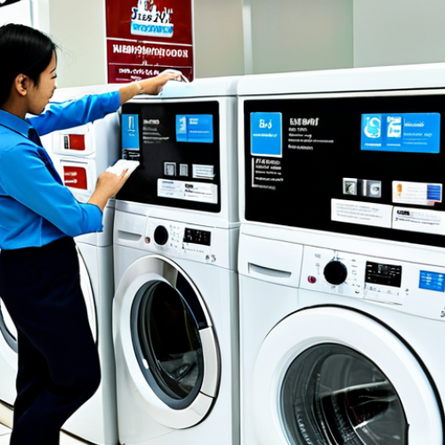 A professional Malaysian consumer, fully clothed in modest business casual attire, thoughtfully examining a washing machine's 5-star energy and water efficiency label in a brightly lit, modern appliance showroom in Kuala Lumpur. The consumer holds a brochure, with various contemporary front-load and top-load washing machines neatly displayed in the background, emphasizing smart purchasing decisions for water conservation. safe for work, appropriate content, fully clothed, professional, perfect anatomy, correct proportions, natural pose, well-formed hands, proper finger count, natural body proportions, professional photography, high quality.