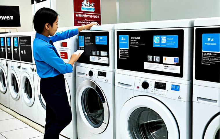 A professional Malaysian consumer, fully clothed in modest business casual attire, thoughtfully examining a washing machine's 5-star energy and water efficiency label in a brightly lit, modern appliance showroom in Kuala Lumpur. The consumer holds a brochure, with various contemporary front-load and top-load washing machines neatly displayed in the background, emphasizing smart purchasing decisions for water conservation. safe for work, appropriate content, fully clothed, professional, perfect anatomy, correct proportions, natural pose, well-formed hands, proper finger count, natural body proportions, professional photography, high quality.