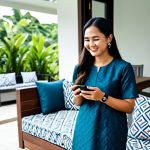 **

A Malaysian woman in her 30s, wearing a *baju kurung* and a modern smartwatch, standing in a brightly lit, modern *rumah teres* (terrace house). She is smiling and looking at her smartwatch, which displays a control panel for adjusting the lights in the living room. The living room features comfortable furniture and *batik* patterned cushions. The scene should convey convenience and a connected lifestyle. Fully clothed, modest clothing, appropriate attire, safe for work, perfect anatomy, natural proportions, professional photography, high quality.

**