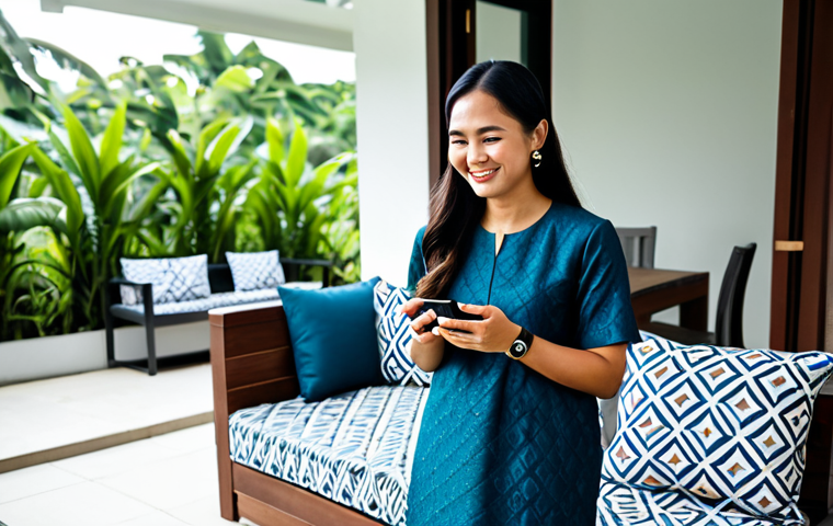 **

A Malaysian woman in her 30s, wearing a *baju kurung* and a modern smartwatch, standing in a brightly lit, modern *rumah teres* (terrace house). She is smiling and looking at her smartwatch, which displays a control panel for adjusting the lights in the living room. The living room features comfortable furniture and *batik* patterned cushions. The scene should convey convenience and a connected lifestyle. Fully clothed, modest clothing, appropriate attire, safe for work, perfect anatomy, natural proportions, professional photography, high quality.

**