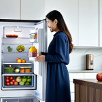 **

A modern kitchen in Malaysia, featuring a Samsung refrigerator with a 5-star energy label. The fridge is fully stocked with fresh fruits and vegetables. A young, fully clothed woman in modest casual wear is smiling as she reaches for an apple. The scene is brightly lit, showcasing the energy-efficient appliance. "Safe for work," "appropriate content," "fully clothed," "professional photography," "perfect anatomy," "natural proportions," "family-friendly."

**