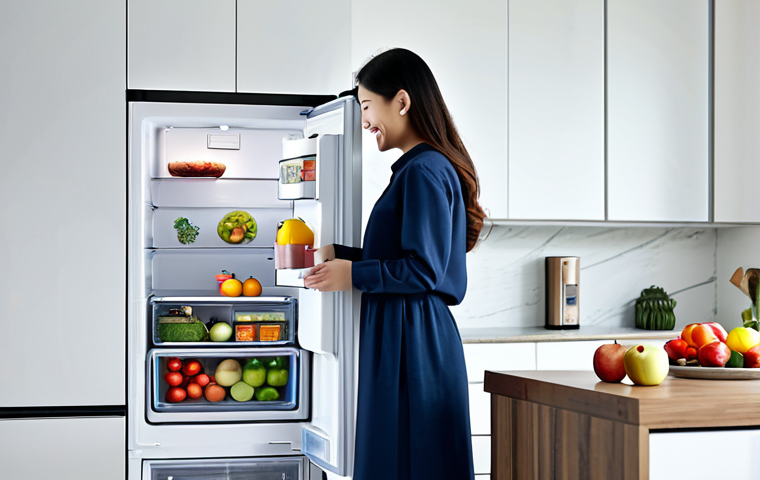 **

A modern kitchen in Malaysia, featuring a Samsung refrigerator with a 5-star energy label. The fridge is fully stocked with fresh fruits and vegetables. A young, fully clothed woman in modest casual wear is smiling as she reaches for an apple. The scene is brightly lit, showcasing the energy-efficient appliance. "Safe for work," "appropriate content," "fully clothed," "professional photography," "perfect anatomy," "natural proportions," "family-friendly."

**